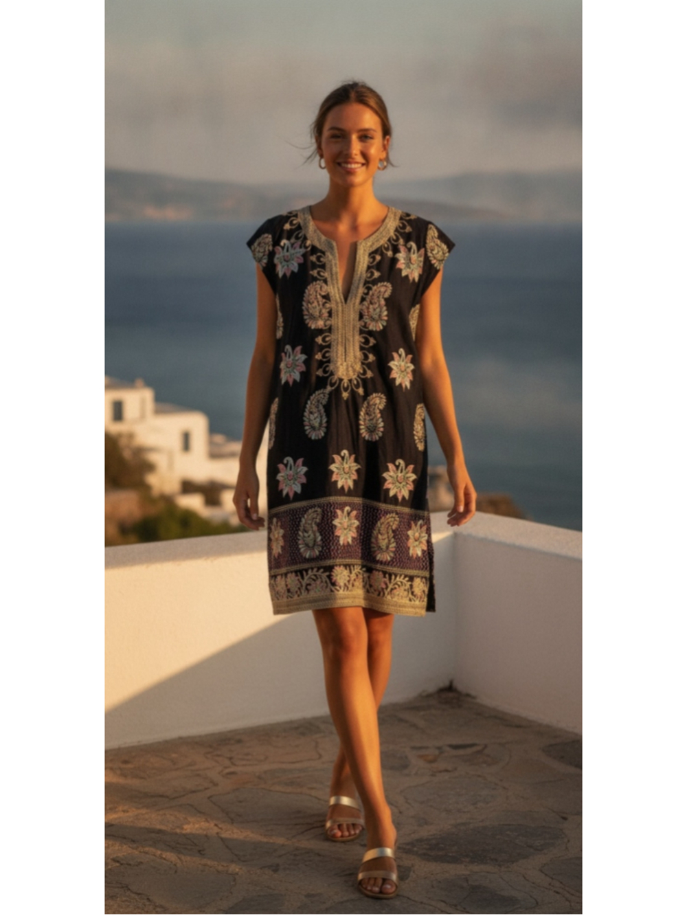 Women's Calypso St. Barth Mini Dress Size M Black Gold Embroidered Paisley Tunic